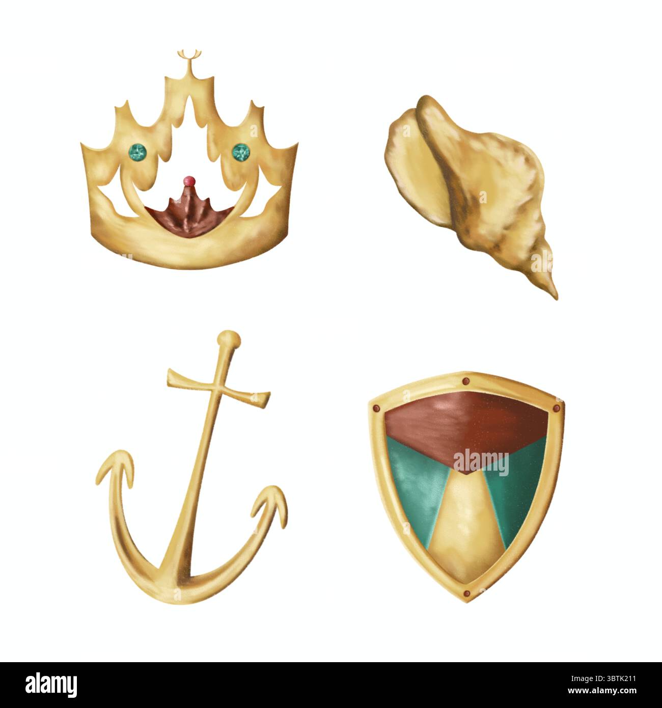 illustrazione di un'antica corona dorata, ancora nautica, guscio d'oro e scudo vintage isolato. Foto Stock