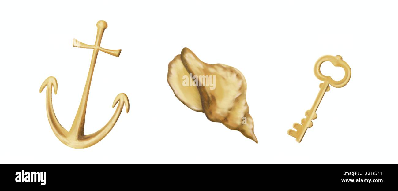illustrazione di un'antica chiave dorata, un guscio dorato e un'ancora nautica isolata Foto Stock