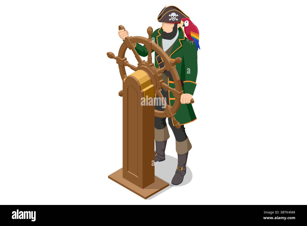 Un'illustrazione isometrica di un capitano pirata, completo di cappello e pappagallo, che guida con sicurezza il volante di una nave, incarnando leadership e avventura Illustrazione Vettoriale