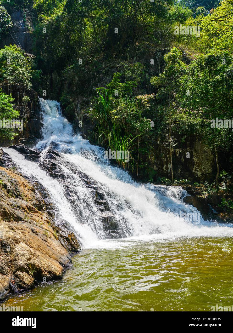 Una sezione tranquilla della cascata Datanla scorre su rocce lisce in un bacino verde, abbracciato da vegetazione lussureggiante e scogliere boscose a da Lat Foto Stock