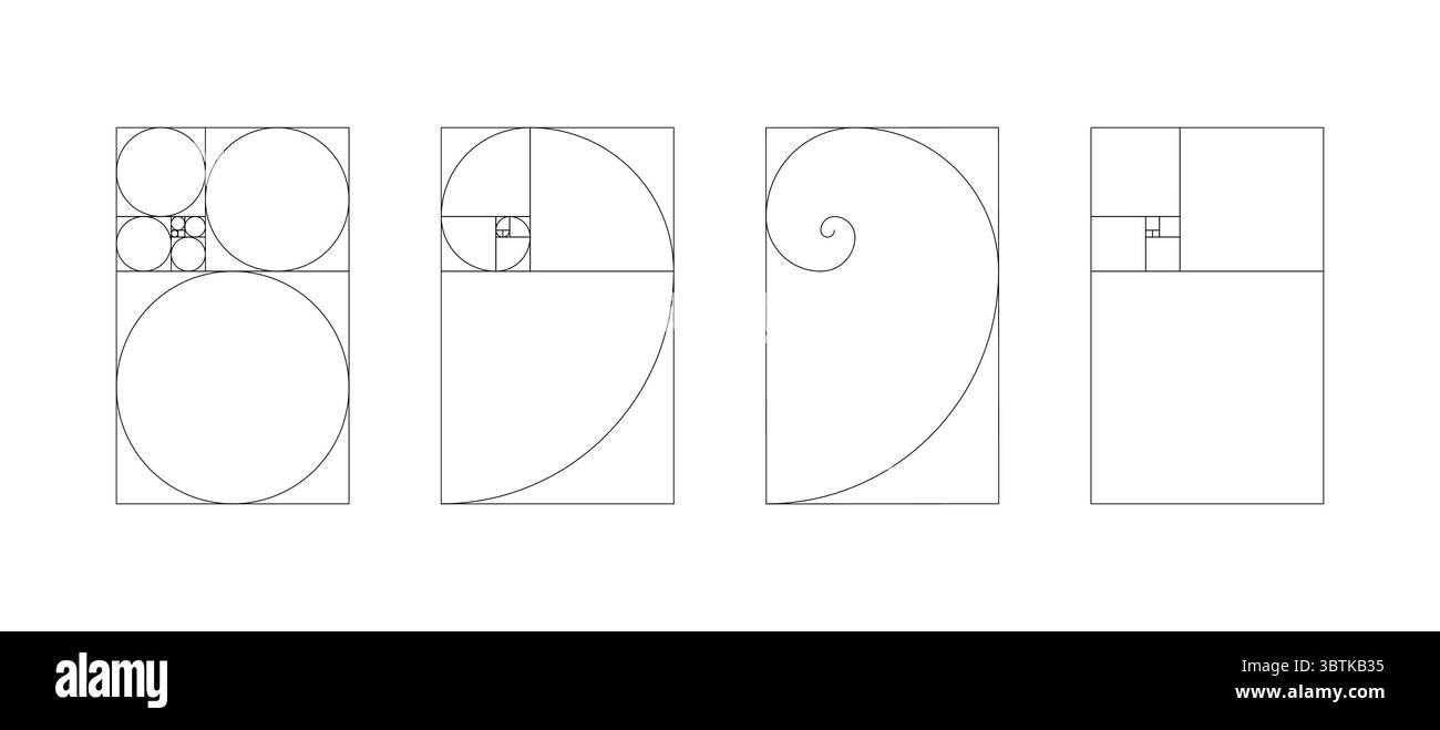 Serie di numeri Fibonacci verticali. Modello verticale delle proporzioni di armonia del rapporto dorato. Illustrazione Vettoriale
