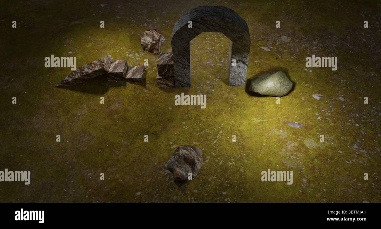 Illustrazione 3D di antiche rovine nel deserto mediorientale. Foto Stock