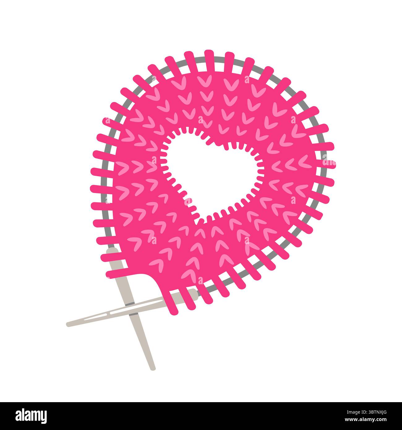 Maglia rosa brillante con un cuore al centro. Design divertente e moderno con aghi incrociati, perfetto per l'artigianato e i progetti a tema d'amore Illustrazione Vettoriale