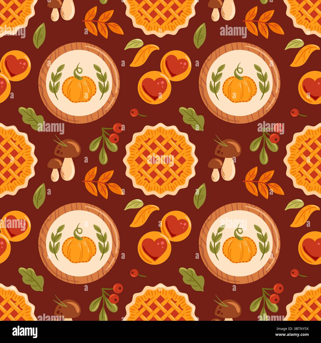 Questa illustrazione vettoriale mostra un motivo caldo e senza cuciture con zucche, torte e foglie autunnali su un ricco sfondo Bordeaux. Ideale per l'autunno Illustrazione Vettoriale