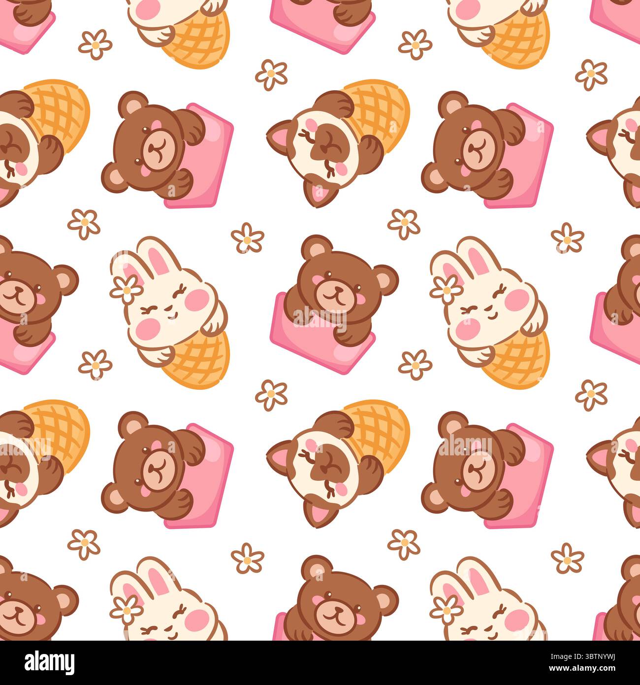 Questa illustrazione vettoriale mostra un allegro motivo senza cuciture con adorabili orsi e un coniglietto che si gusta i coni del gelato. I carini personaggi, alon Illustrazione Vettoriale
