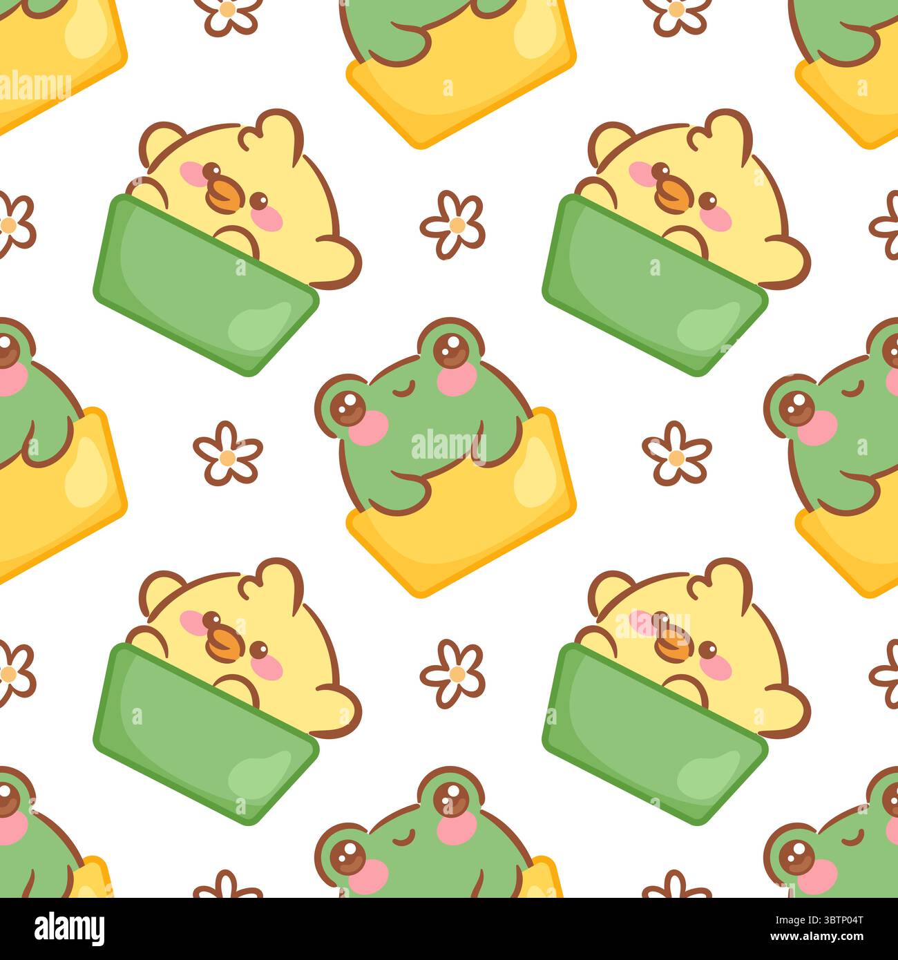 Questa giocosa illustrazione vettoriale presenta un affascinante motivo senza cuciture di animali carini, tra cui un'anatra e una rana, annidati in quadrati colorati con c Illustrazione Vettoriale