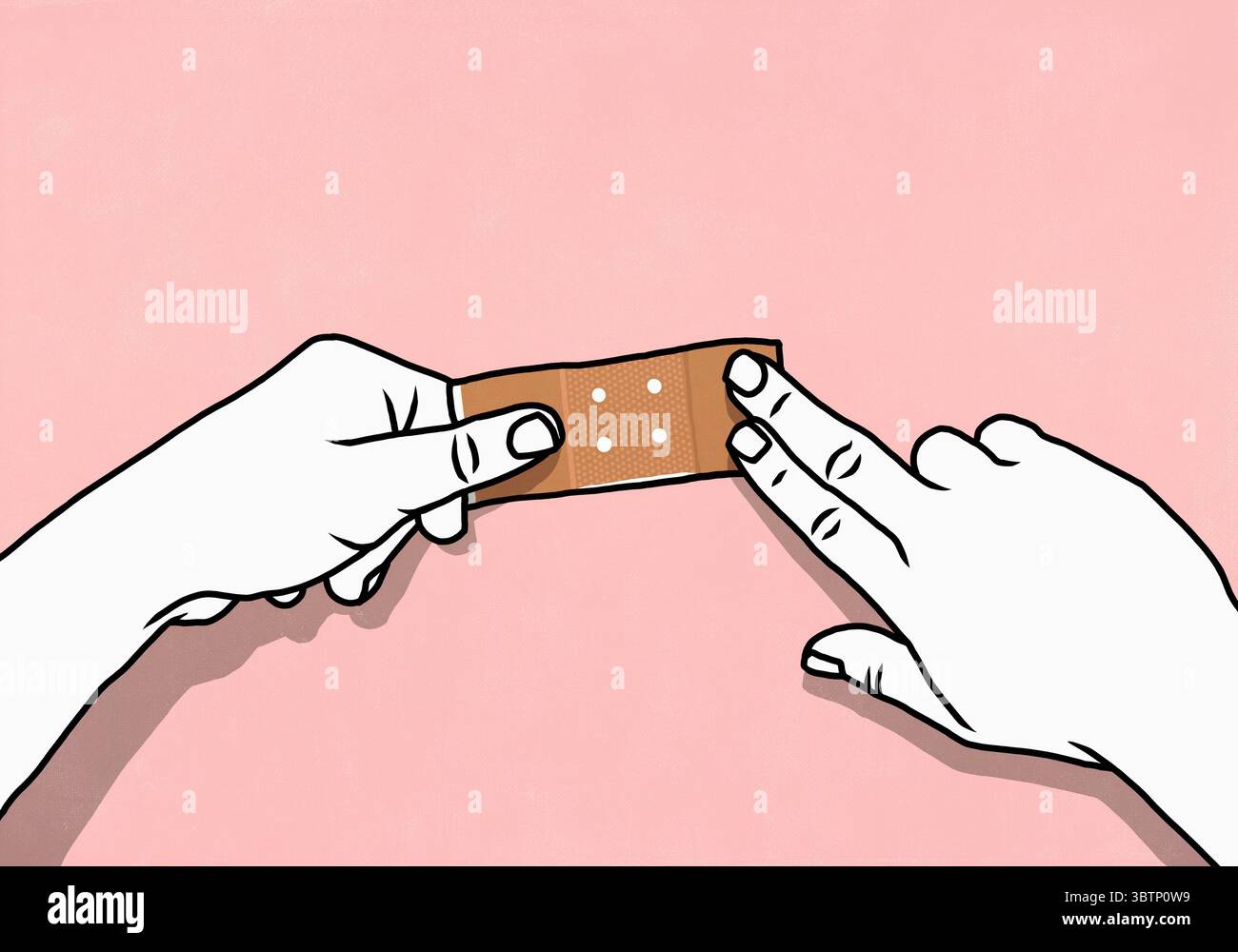 Punto di vista dall'alto delle mani che pongono la benda su sfondo rosa Foto Stock