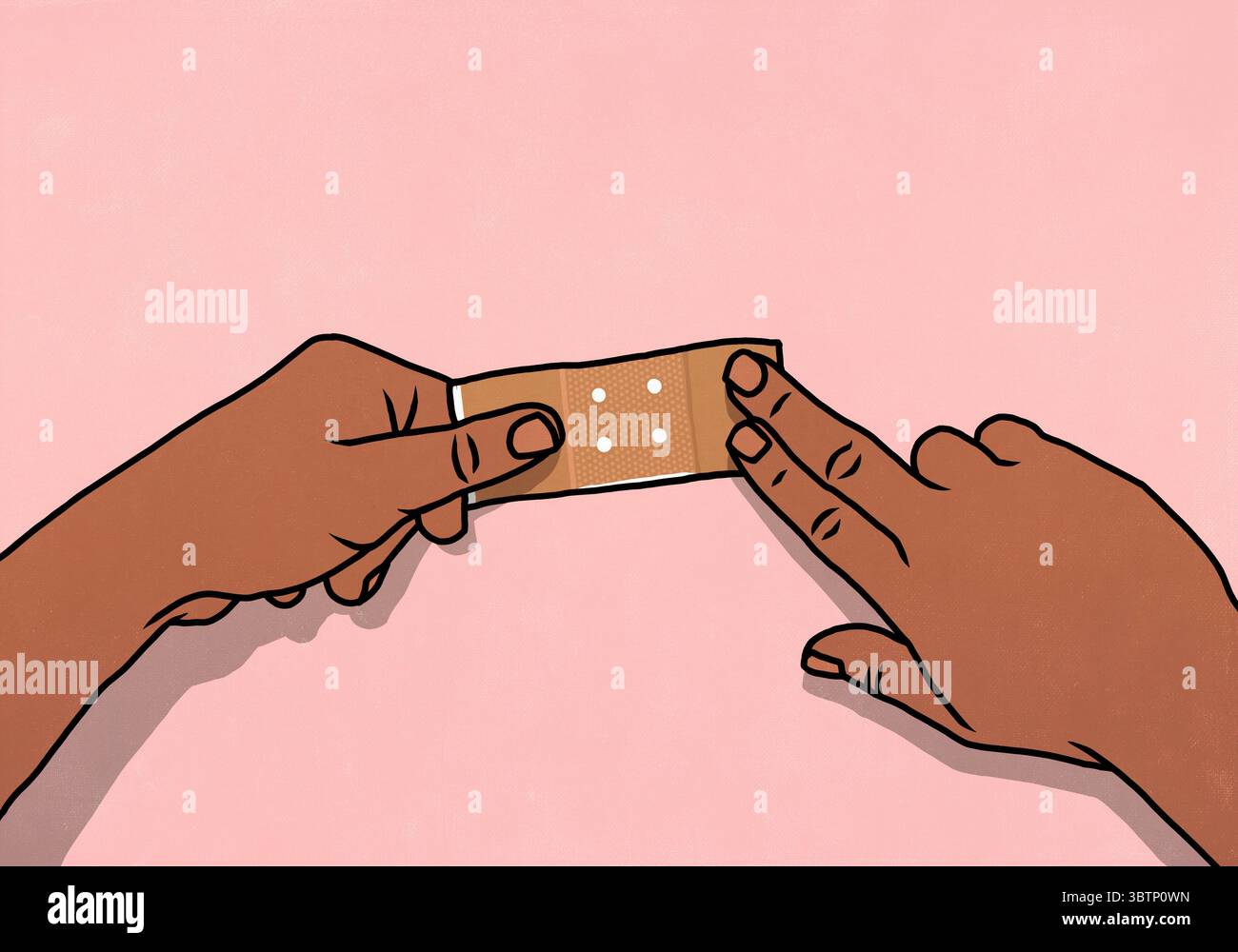 Punto di vista dall'alto delle mani che appiattiscono bende su sfondo rosa Foto Stock