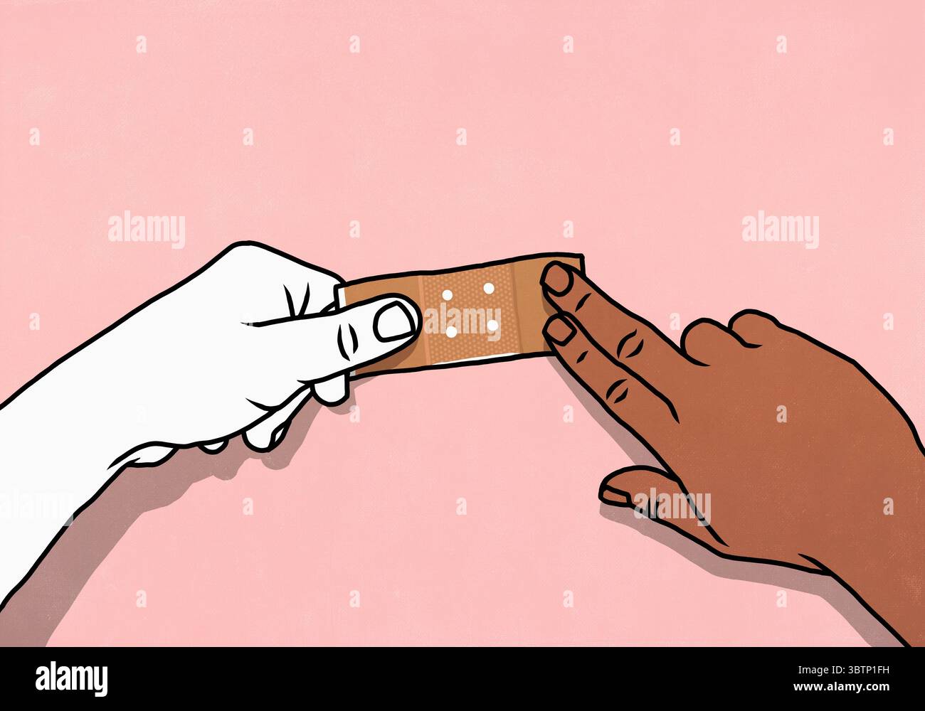 Punto di vista dall'alto delle mani multirazziali che pongono bende su sfondo rosa Foto Stock