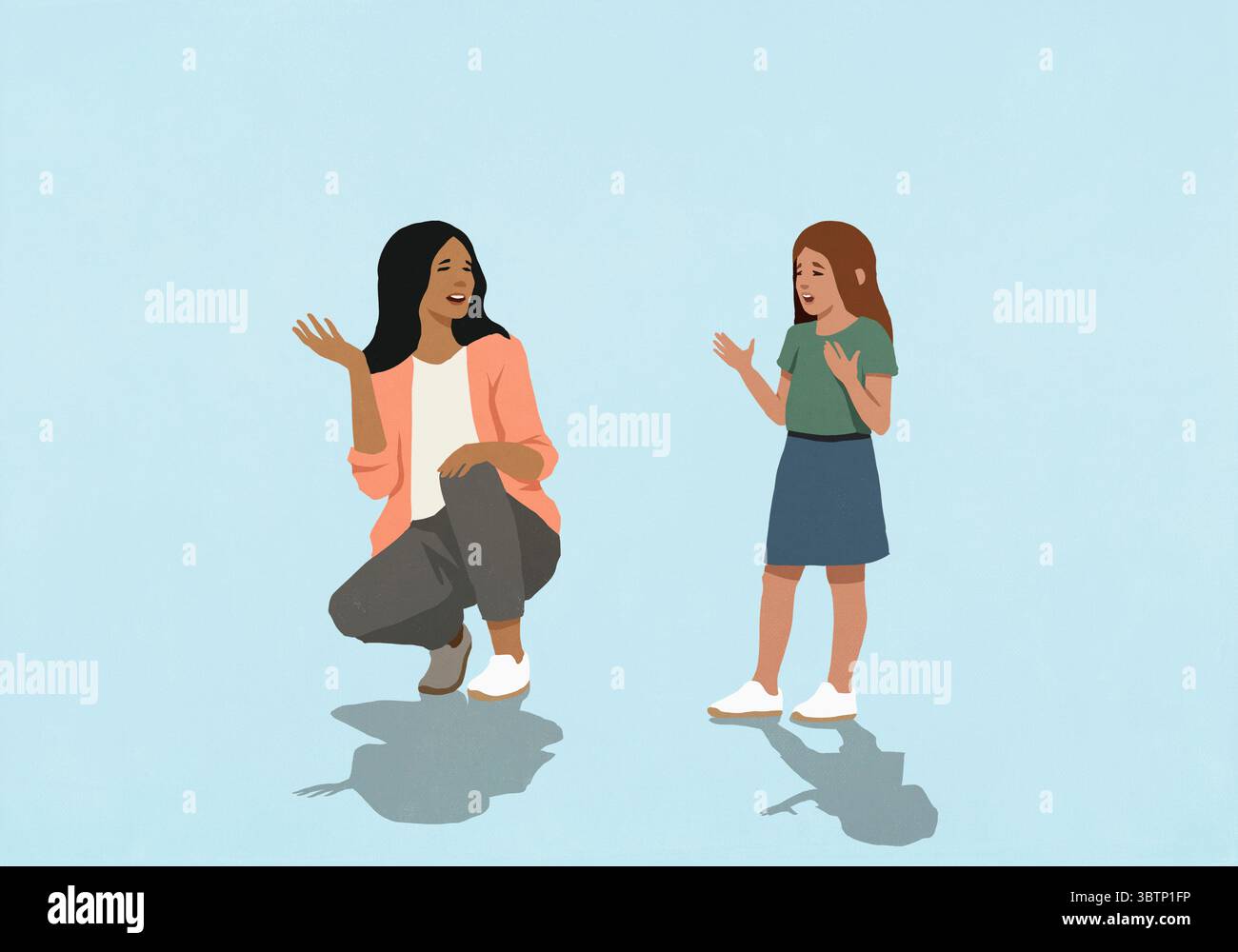 Insegnante e studentessa che parlano, gestiscono in discussione su sfondo blu Foto Stock