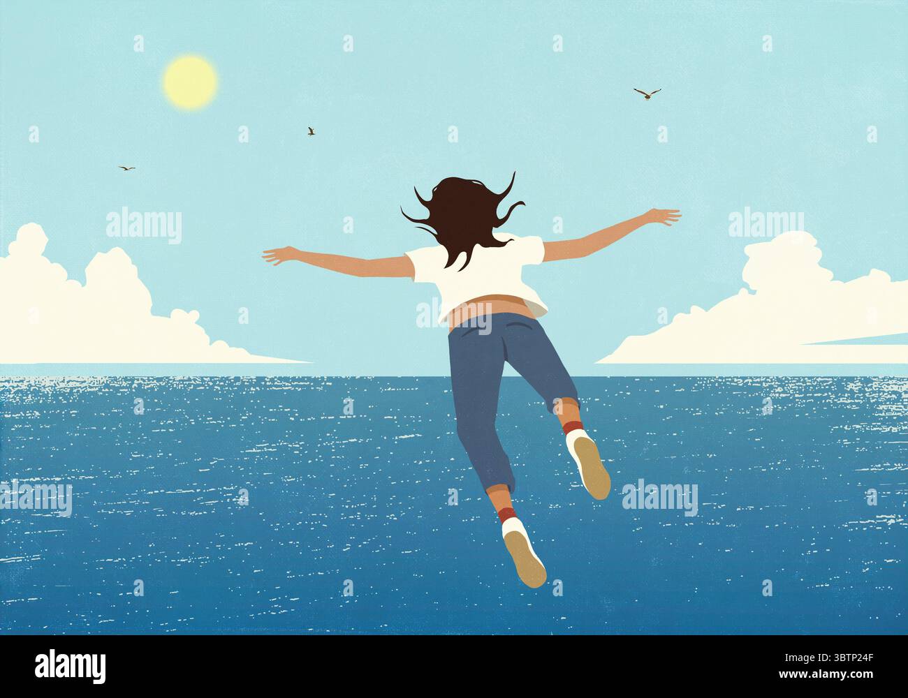 Donna spensierata che sogna ad occhi aperti, sorvolando il blu dell'oceano estivo Foto Stock