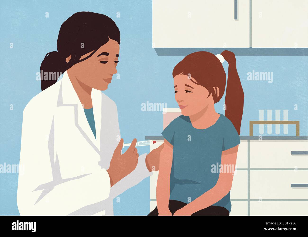 Pediatra donna che dà vaccino sparato alla ragazza nello studio medico in clinica Foto Stock