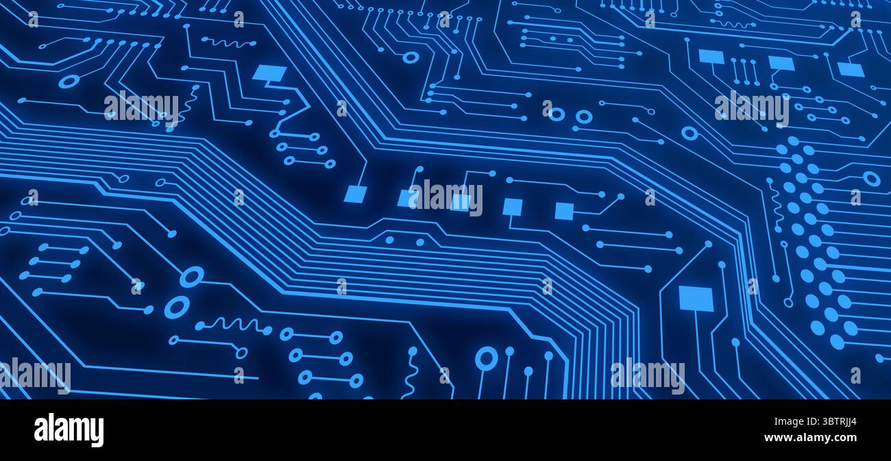 Tecnologie moderne. Circuito microelettronico con linee blu lucide, illustrazione. Panorama Foto Stock