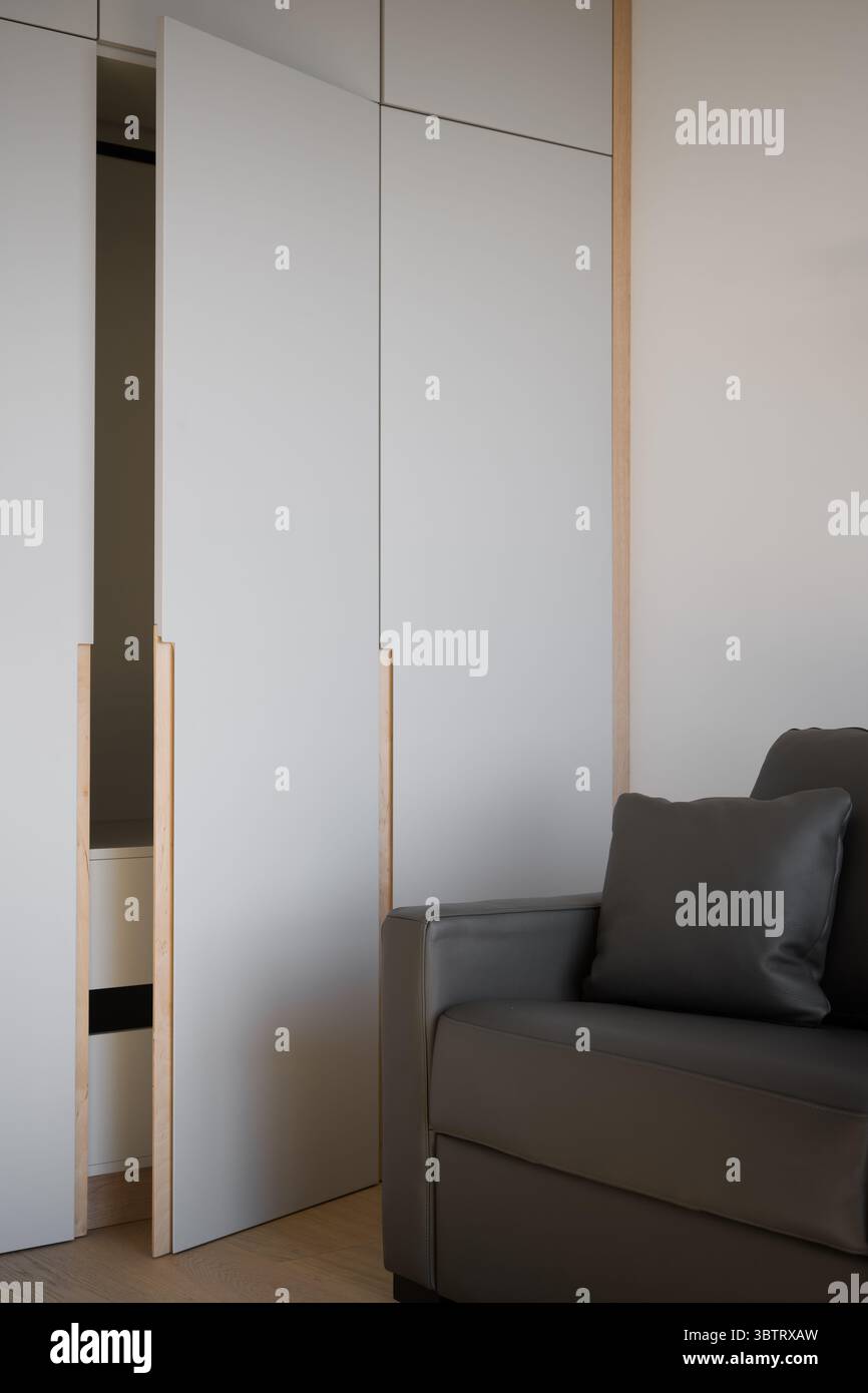 Un dettaglio di interni moderni e minimalisti. È dotato di un guardaroba personalizzato con porte pulite in grigio chiaro e esclusive maniglie in compensato. Un buio Foto Stock