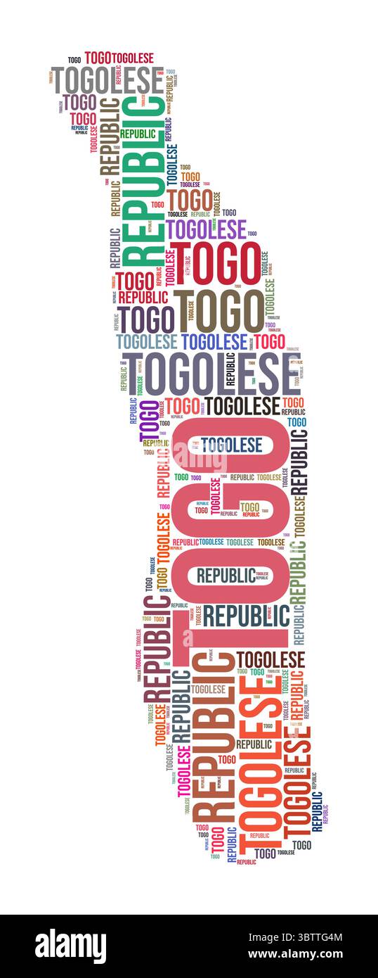 Il paese del Togo forma nuvola di parole. Illustrazione del paese in stile tipografico. Immagine Togo in stile fumetto di testo. Illustrazione vettoriale. Illustrazione Vettoriale