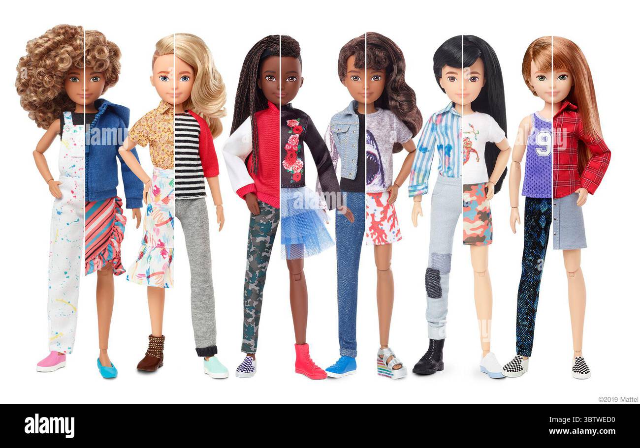 25 novembre 2019, El Segundo, California, USA: Mattel ha annunciato il lancio di una nuova linea di bambole neutrali. Le bambole sono disponibili in una gamma di tonalità della pelle e due diverse opzioni di acconciatura, tra cui corta e lunga. (Immagine di credito: © Mattel via cavo ZUMA) Foto Stock