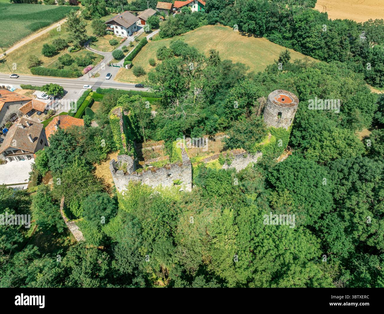 Vista aerea del castello Rochette in Savoia, in cima a una collina, con mura rotonde che si innalzano sopra la strada commerciale sottostante Foto Stock