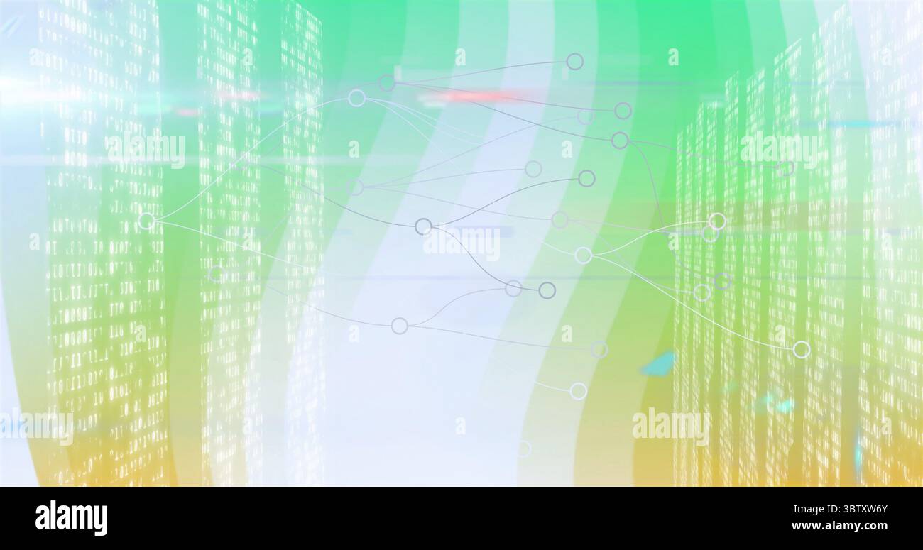 Diagramma di rete che mostra nodi e linee nell'interfaccia dati, con flussi di codice binario e bande di colore Foto Stock