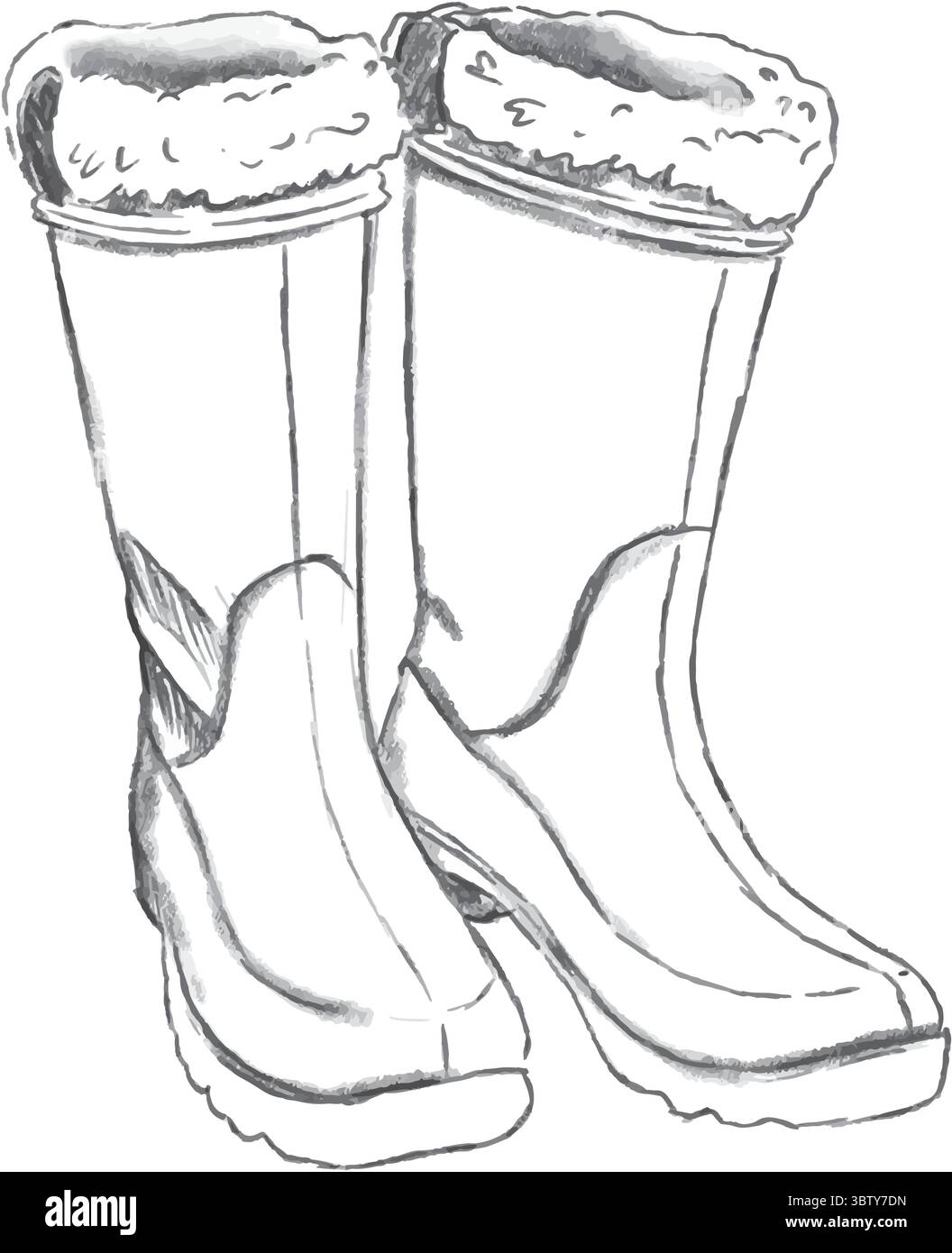 Eleganti stivali invernali, sapientemente progettati per offrire calore, comfort e protezione durante il freddo inverno. Illustrazione vettoriale disegnata a mano in grafica in bianco e nero. Illustrazione Vettoriale