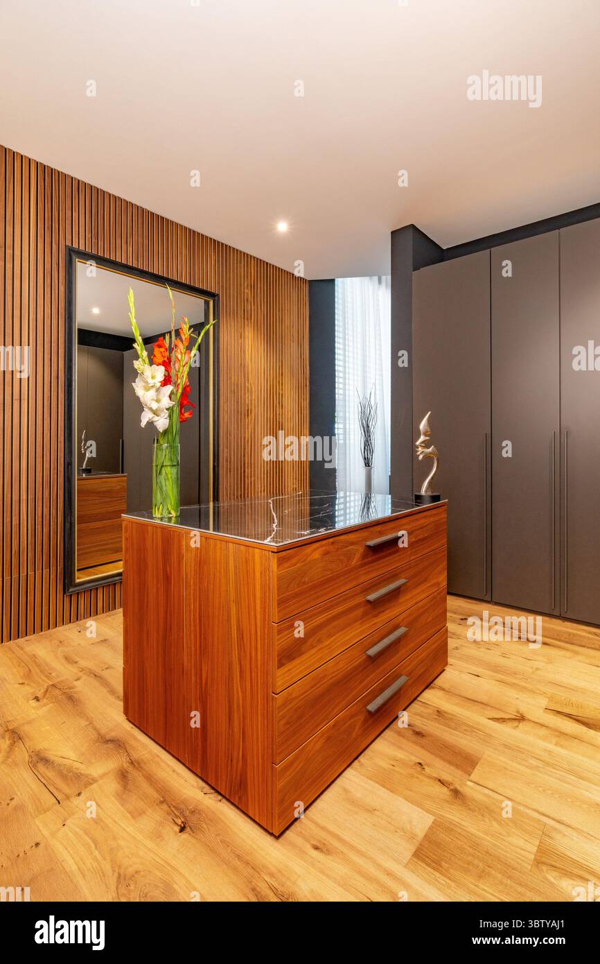 Interni eleganti e moderni con comò in legno, piano in marmo, arredi eleganti e illuminazione calda che creano un ambiente sofisticato e accogliente Foto Stock