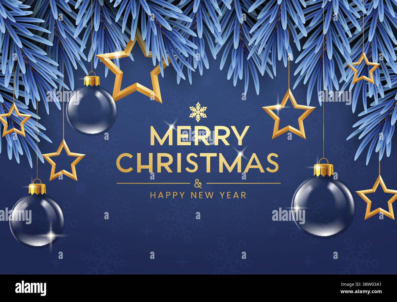 Buon design di clipart per biglietti d'auguri natalizi. Buon Natale e felice anno nuovo testo con foglie di abete blu design bordo, appeso trasparente Illustrazione Vettoriale