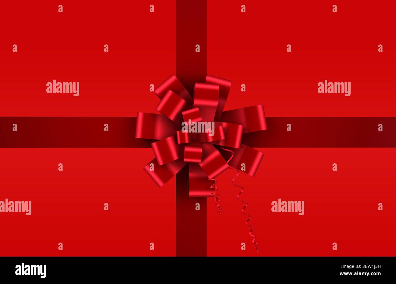 Il design piatto presenta un fiocco rosso con code a nastro arricciate e nastri incrociati sullo sfondo rosso Foto Stock
