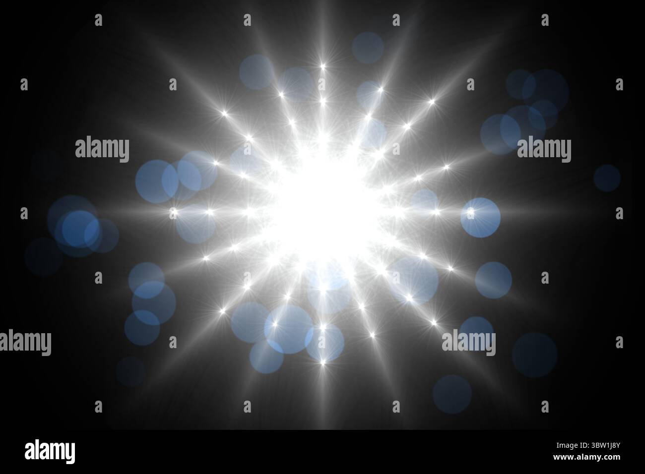 Lo scoppio di luce bianca centrale irradia fasci su uno sfondo scuro dal design piatto con cerchi bokeh blu Foto Stock