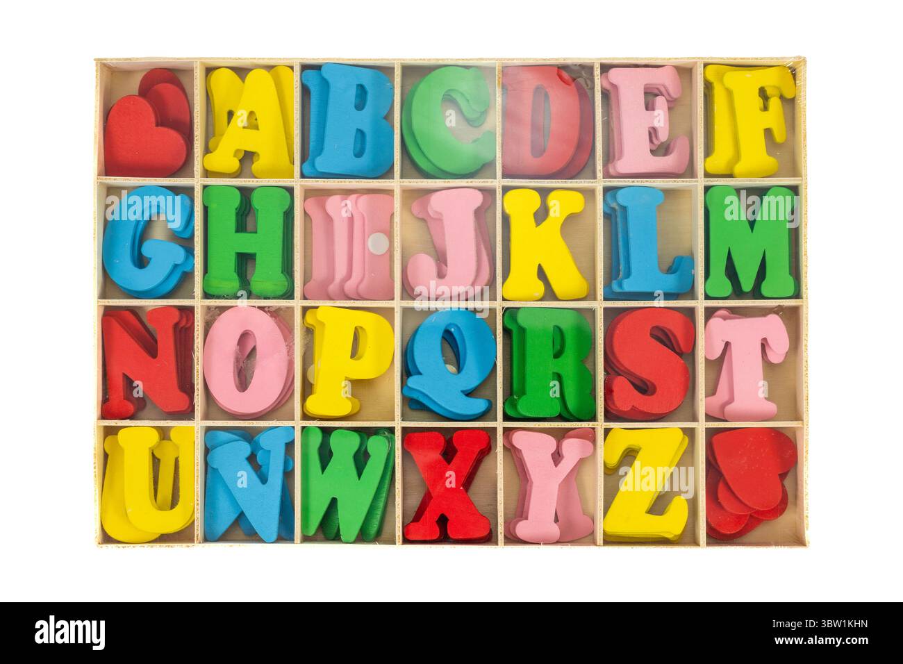 Lettere alfabetiche colorate in legno in scatola per l'educazione dei bambini Foto Stock