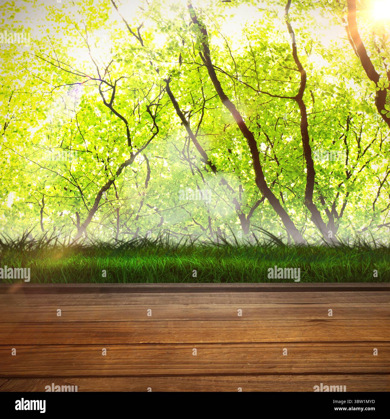 Pavimento in legno contro foglie verdi Foto Stock