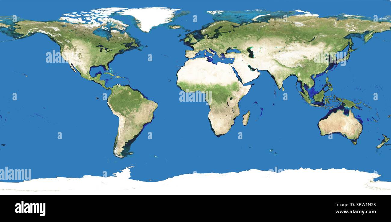 La mappa del mondo mostra i continenti in proiezione cilindrica su sfondo blu, con calotte polari di ghiaccio Foto Stock