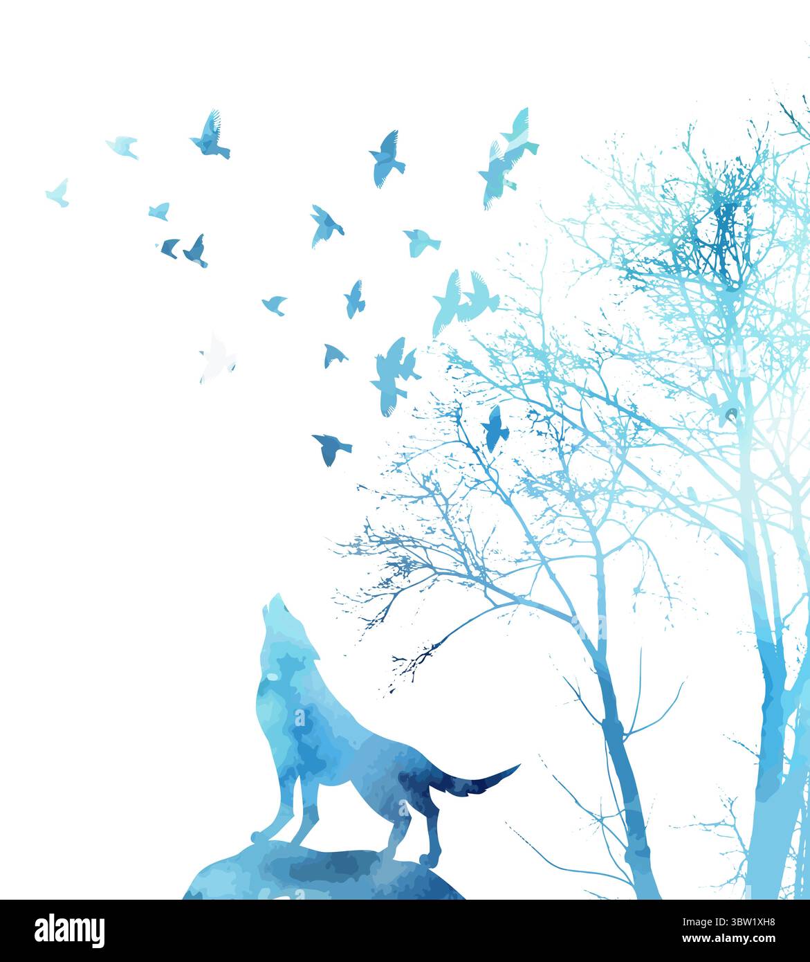 Lupo blu ululare nella foresta. disegnato a mano. Non ai, illustrazione vettoriale Illustrazione Vettoriale