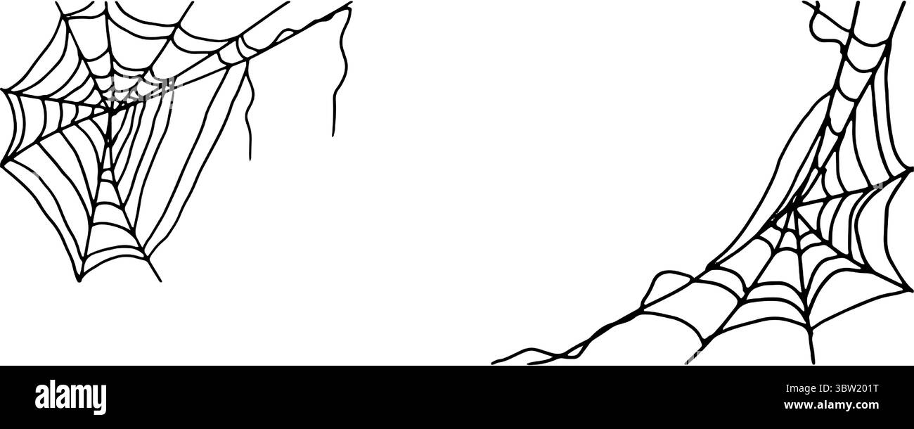 Ragnatela di Spider, su cartolina o invito, schizzo a inchiostro bianco e nero. Illustrazione vettoriale. Il tradizionale decor delle feste di Halloween e' isolato su di un bianco Illustrazione Vettoriale