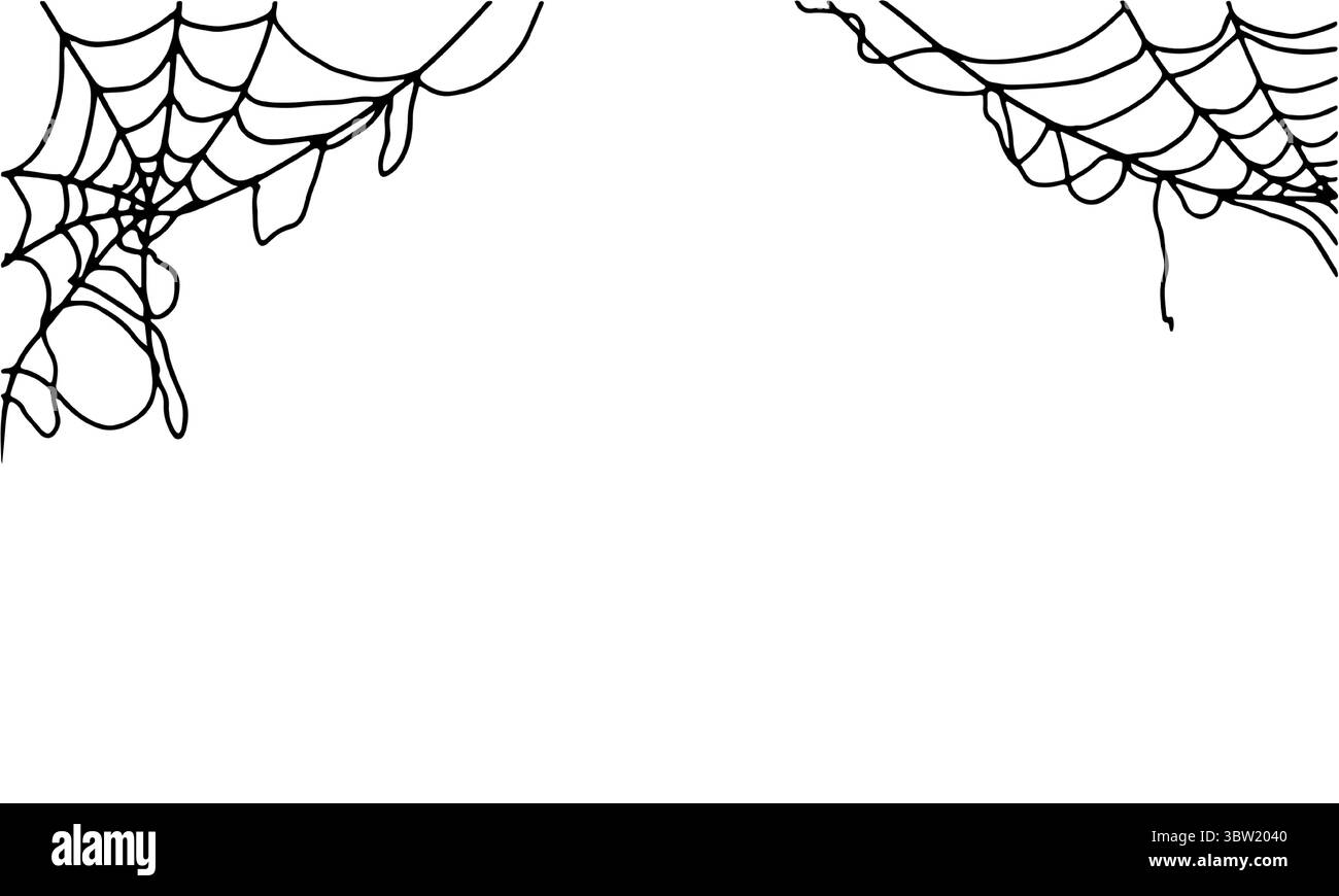 Ragnatela di Spider, su cartolina o invito, schizzo a inchiostro bianco e nero. Illustrazione vettoriale. Il tradizionale decor delle feste di Halloween e' isolato su di un bianco Illustrazione Vettoriale