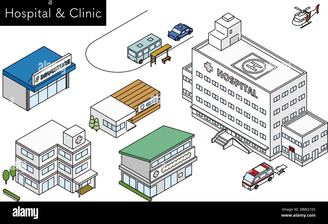 Isometric line art illustrazione set di strutture mediche tra cui un ospedale generale con elicottero medico, ambulanza di emergenza, clinica odontoiatrica, dru Illustrazione Vettoriale