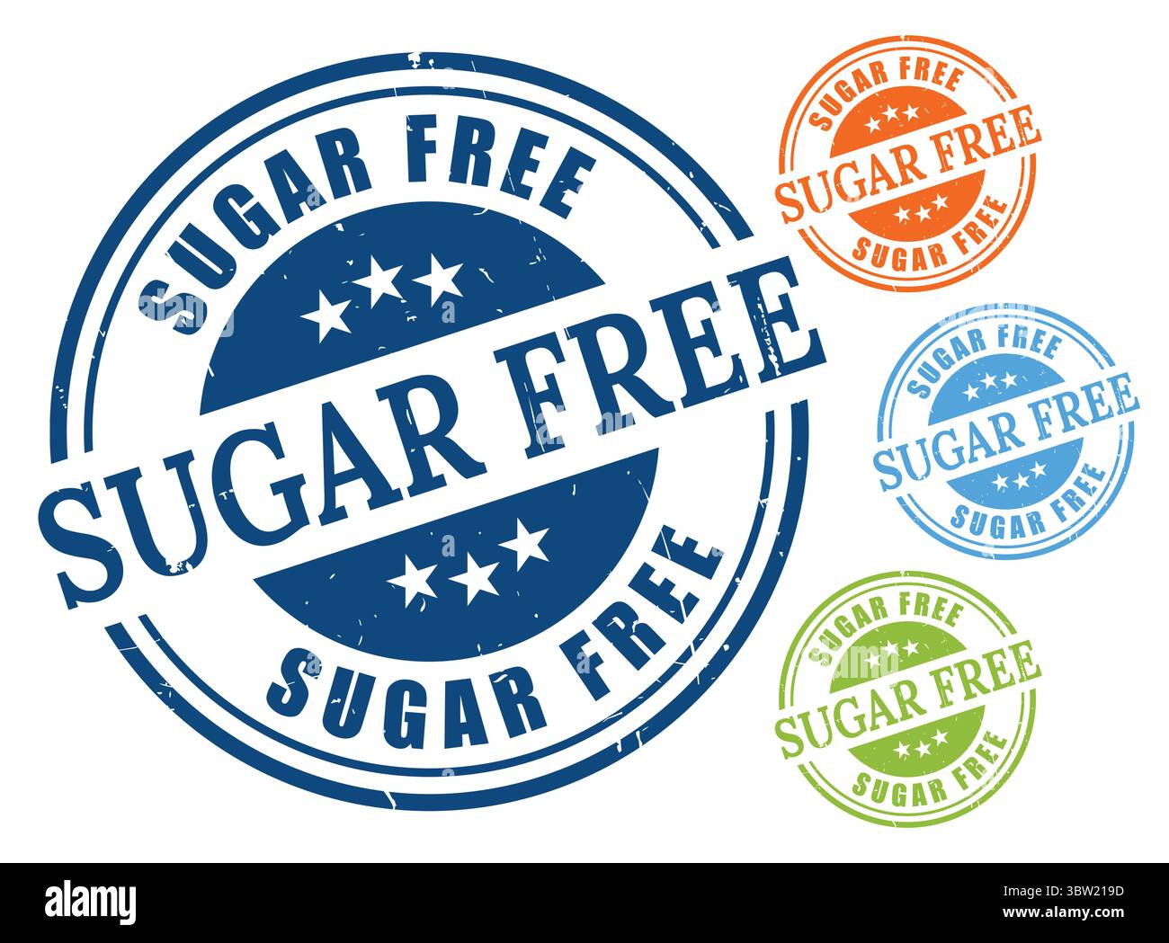 Un set vettoriale senza zucchero, confezione di etichette per dieta sana in stile Grunge Illustrazione Vettoriale