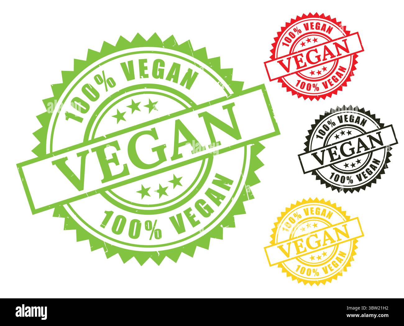 Un set di sigilli vegani al 100%, icone di timbri ecologiche in stile Grunge Illustrazione Vettoriale
