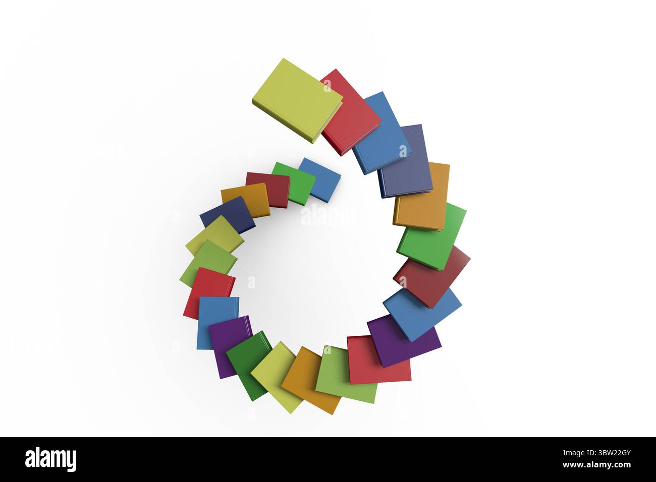 I blocchi quadrati 3D multicolore formano un anello circolare e fluttuano su sfondo bianco, spazio di copia Foto Stock