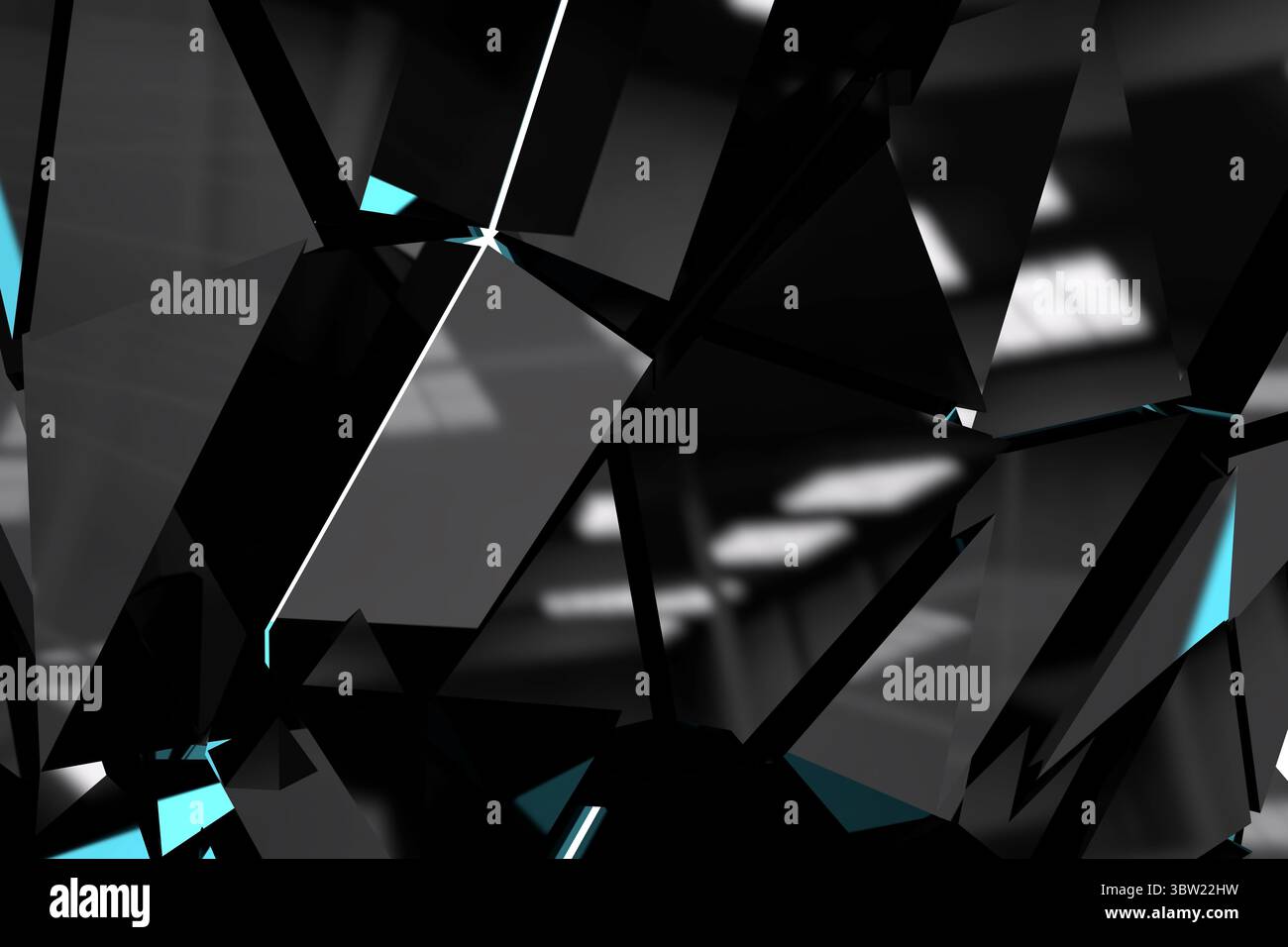 Frammenti neri irregolari formano una geometria astratta 3D con sfaccettature riflettenti e riflessi ottanio Foto Stock