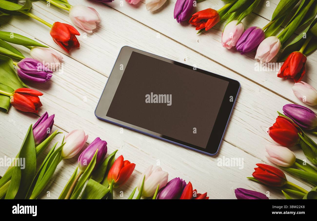Il tablet con schermo nero viene mostrato in un piano bianco piatto circondato da tulipani multicolori Foto Stock