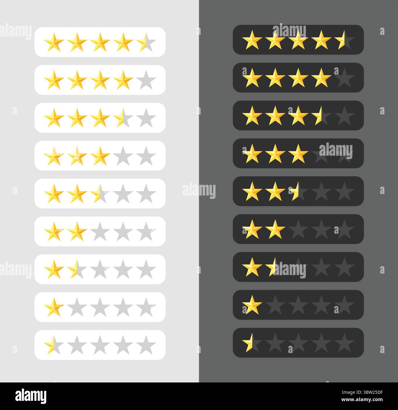 Scala di valutazione a stelle Imposta vettore – pacchetto icone di revisione da Full a Half Star Illustrazione Vettoriale
