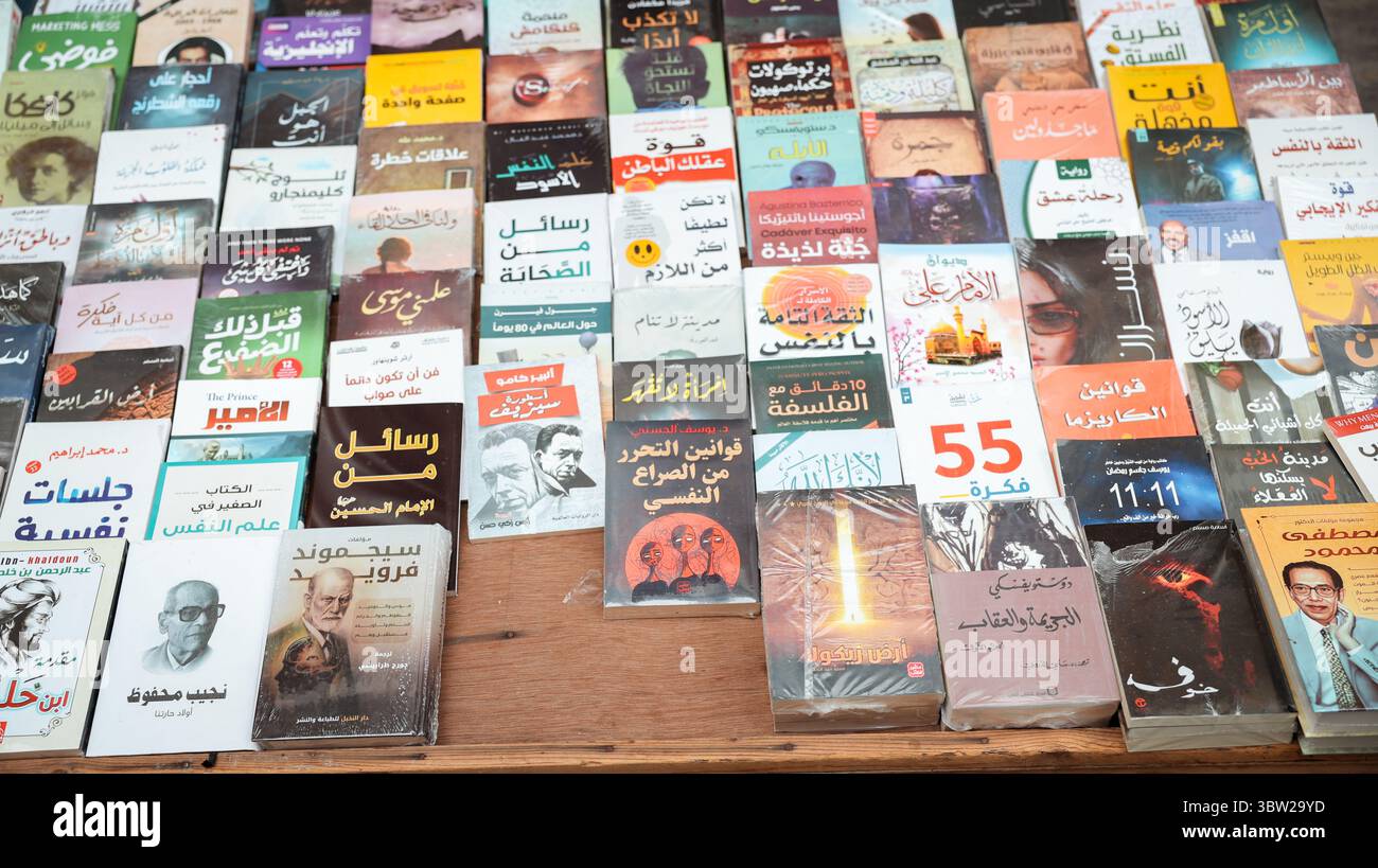 Un vivace mercato del libro a Baghdad presenta numerosi titoli di vari generi, che riflettono la ricca cultura e la tradizione letteraria dell'Iraq. Foto Stock