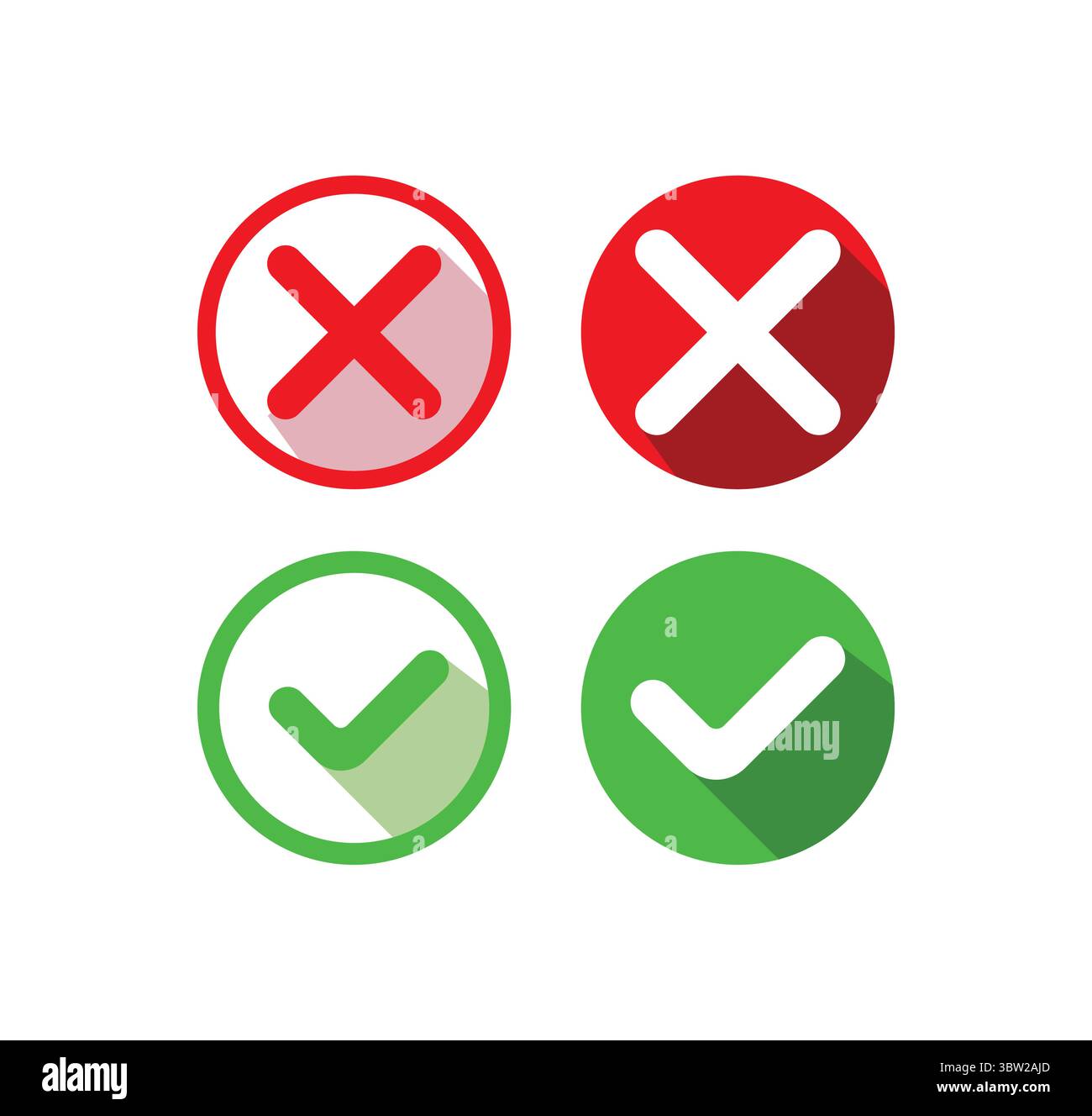 Set di icone con segno di spunta e croce – segno di spunta verde simboli vettoriali del cerchio X rosso Illustrazione Vettoriale