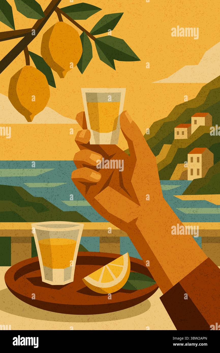 Mano che regge un bicchiere di limoncello. Moderna illustrazione geometrica delle bevande con vista sul mare italiano, limoni e calda atmosfera mediterranea Illustrazione Vettoriale