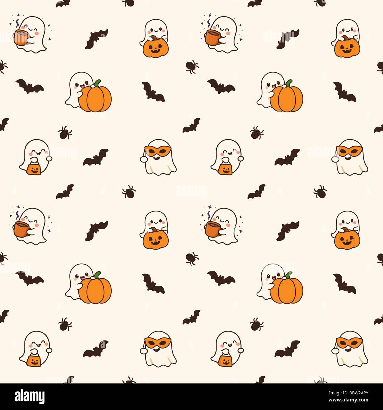 Motivo di Halloween senza cuciture con simpatici fantasmi, zucche, pipistrelli e ragni su sfondo beige Illustrazione Vettoriale