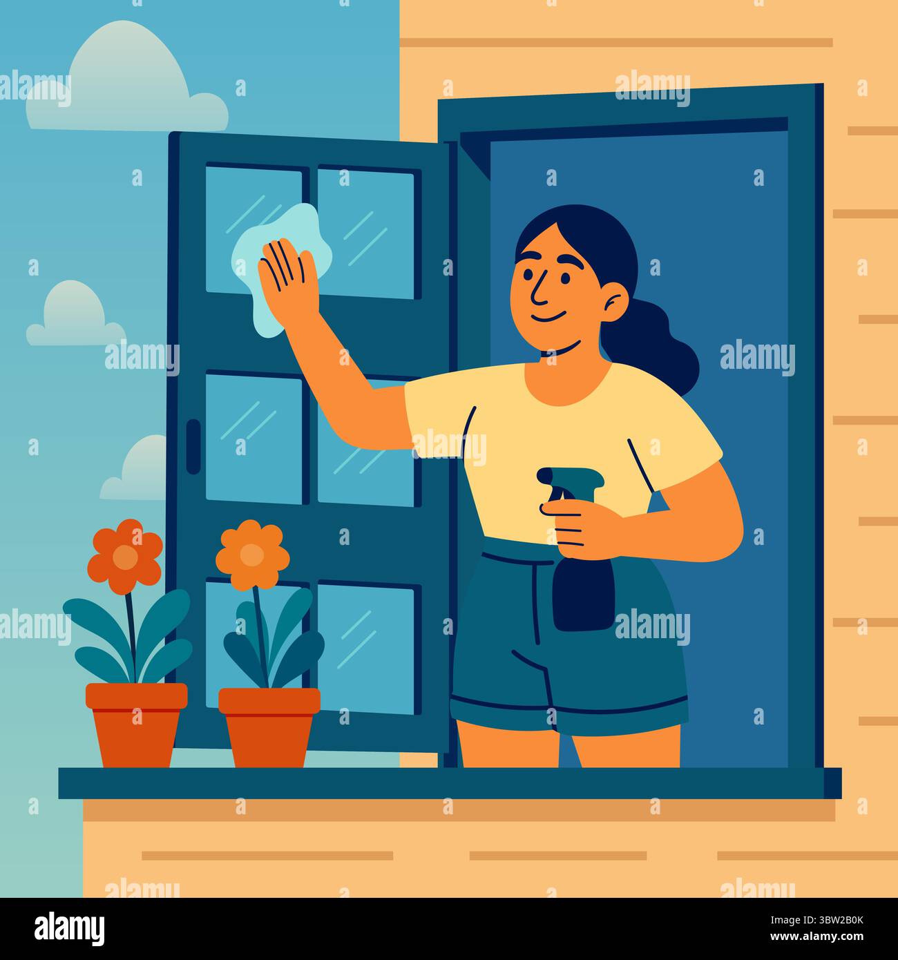 Donna che lava la finestra fuori sul balcone con spray e fiori in stile vettoriale piatto Illustrazione Vettoriale