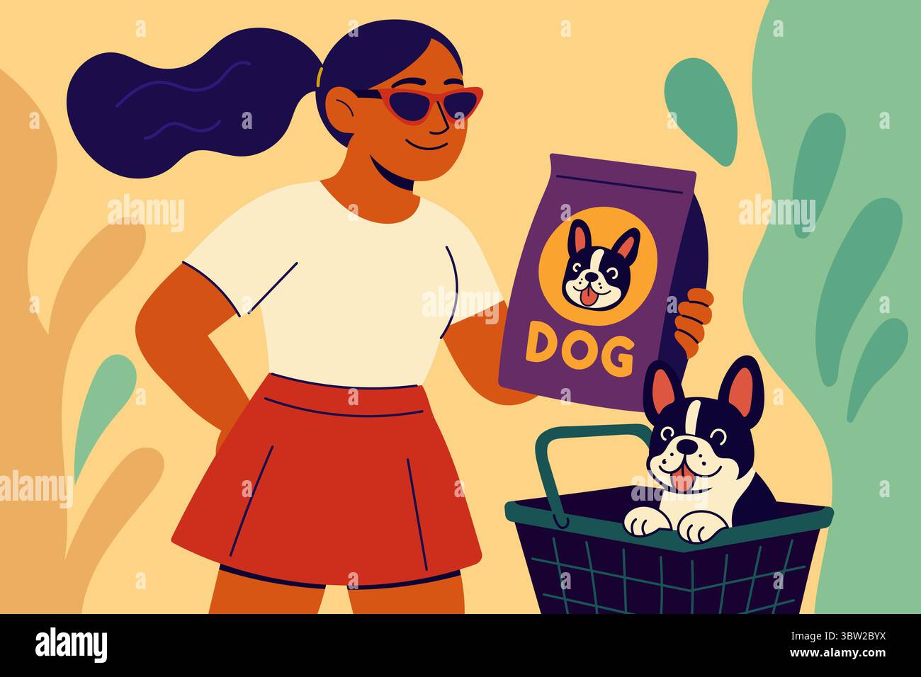 Donna che acquista cibo per cani con cucciolo felice nel cestino Illustrazione Vettoriale