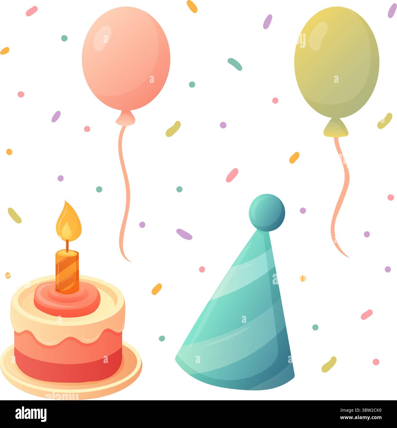 fai un salto con torta, cappello da festa, palloncini e coriandoli in colori tenui per il compleanno Illustrazione Vettoriale