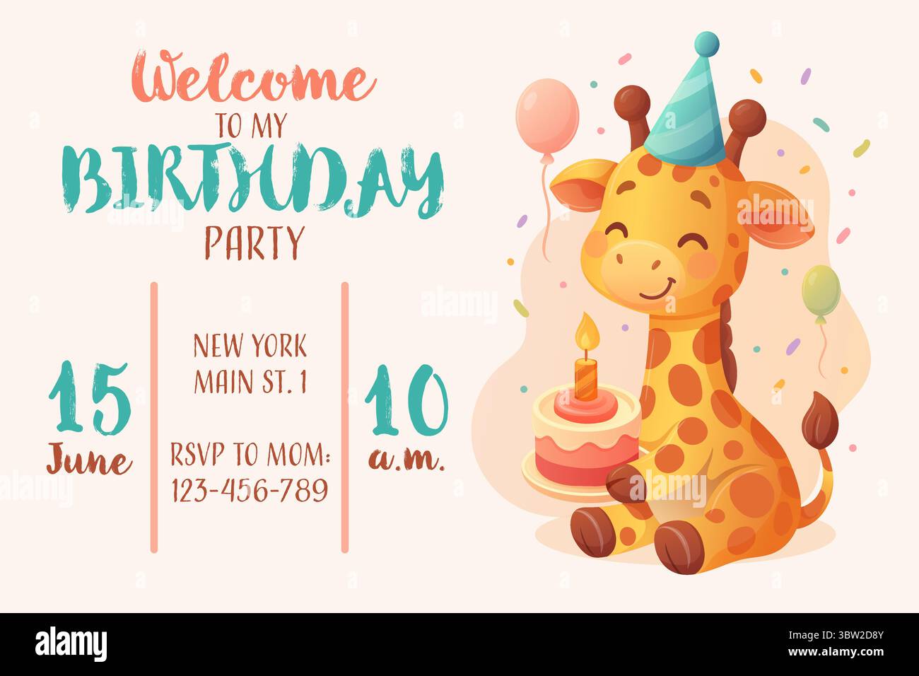 crea un invito di compleanno unico per ragazzo o ragazza con giraffa, torta e palloncini carini Illustrazione Vettoriale