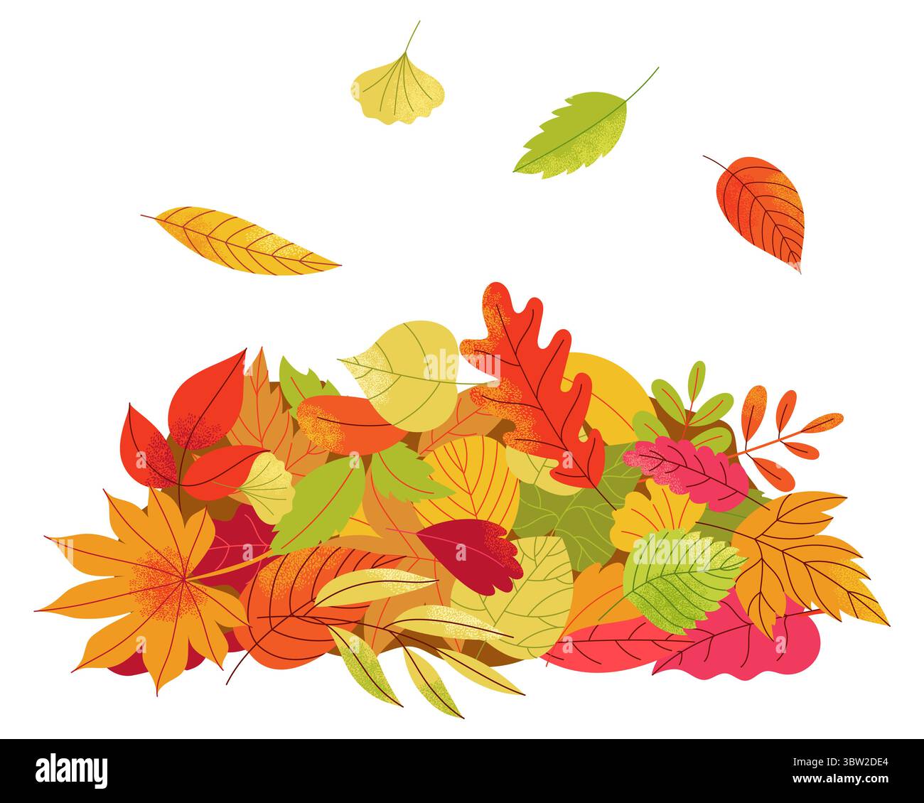 Le foglie d'autunno si accumulano. Cartoon Fallen Leaves on Ground, colorato tappeto in foglia d'acero arancione rosso giallo verde. Fogliame autunnale della natura vettoriale Illustrazione Vettoriale