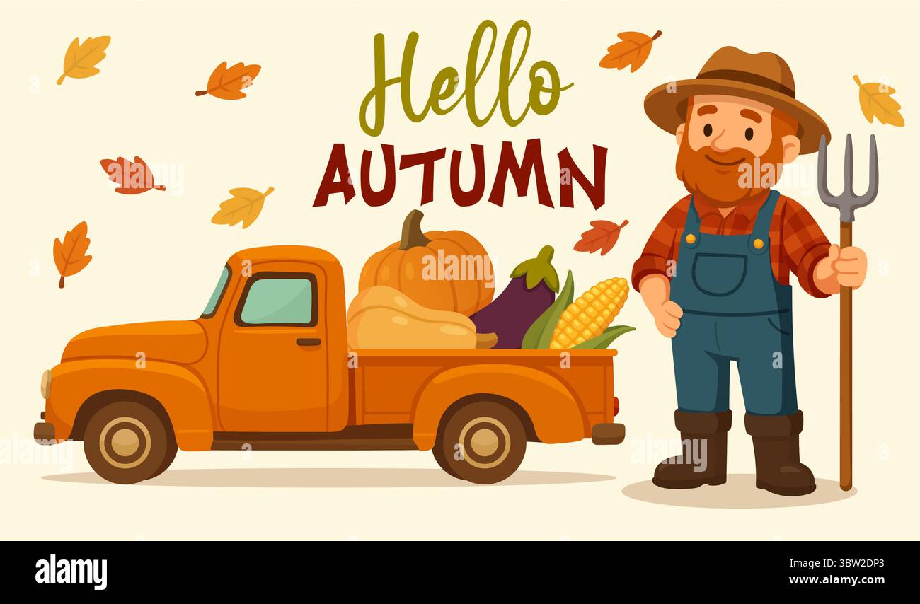 Agricoltore con raccolta arancia e saluto autunnale Illustrazione Vettoriale